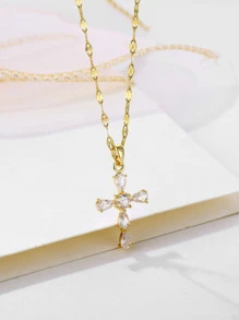 European And American Hip-Hop Stainless Steel Unisex Cross Pendant Necklace, Cross-Border Collarbone Chain Jewelry - Yellow Gold - View 2