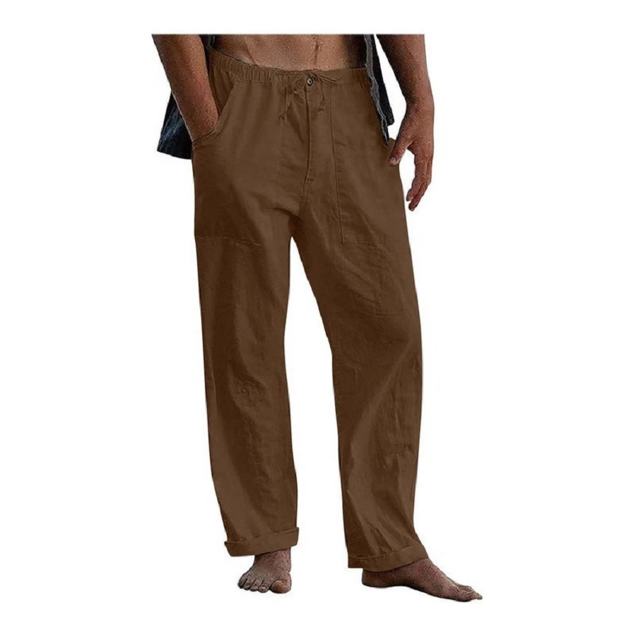 Pantalones De Lino Para Hombre Con Cordón Informal Suelto - Marrón - Ver 1