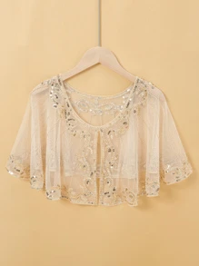 派对 1 件装 女士亮片装饰时尚披肩 适合日常装饰 女士斗篷 - 米色 - 查看 2