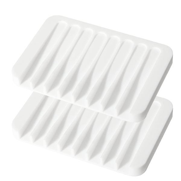 2pcs Self Draining Soap Dishes, Premium Silicone Soap Holder, Soap Saver for Shower, Bathroom, Kitchen, Bath Tub, Razor, Sponges, Easy Clean with a Little Water, Extend Soap Life, Easy Dry (2 colors, white, grey)