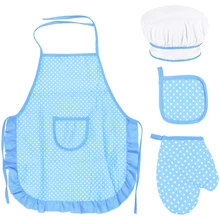 Kids Apron and Chef Hat Set, Cooking Baking Set Kids with White Child Chef Cooking Hat, Blue Chef Apron, Children Oven Gloves, Heat Resistant Pad for Toddle From Age 3-12 Years Old - Blue - View 3