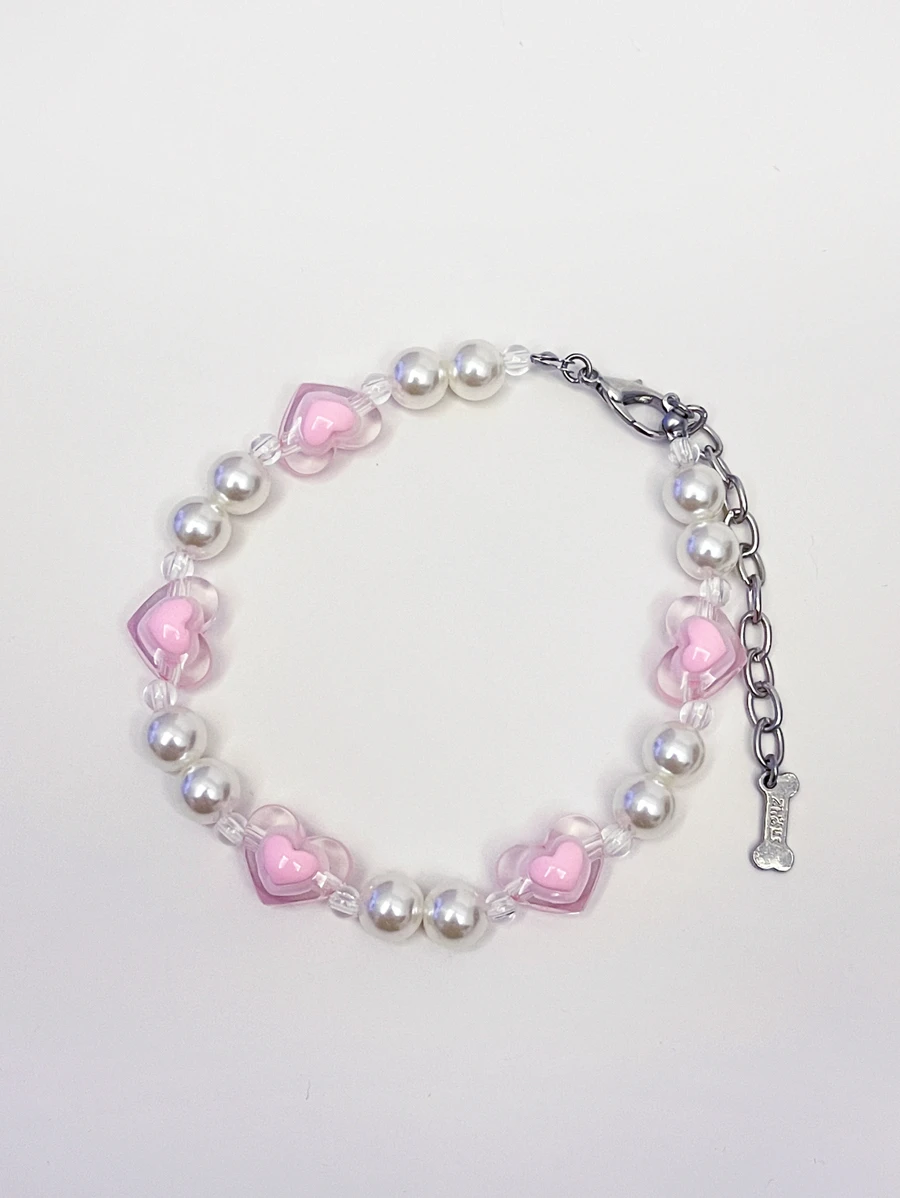 Vòng Cổ Đính Hạt Ngọc Trai Trái Tim Đáng Yêu Cho Thú Cưng - Hồng - Xem 1