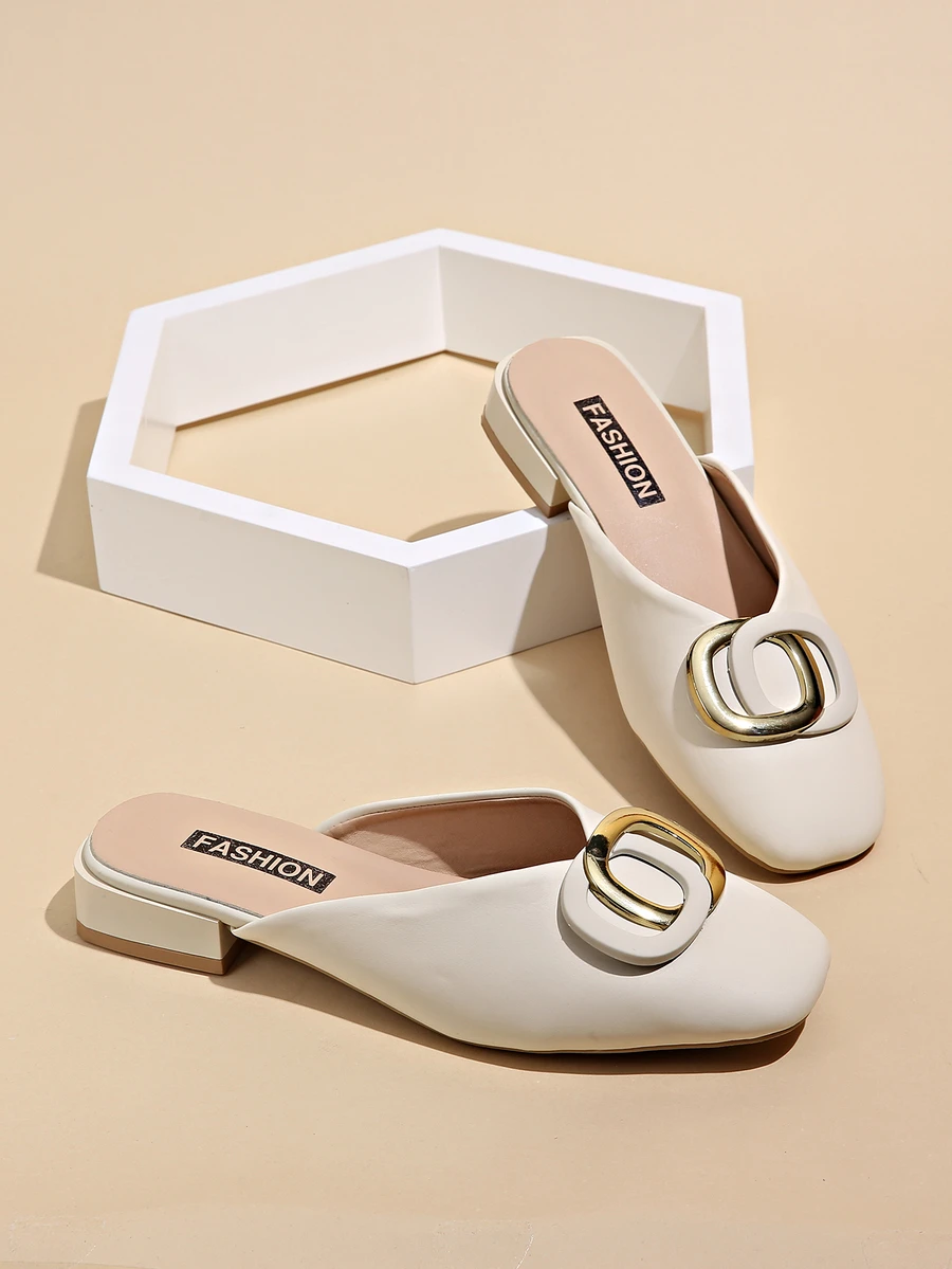 穆勒鞋露趾女拖鞋2023新款無跟半拖鞋 - 米色 - 查看 1