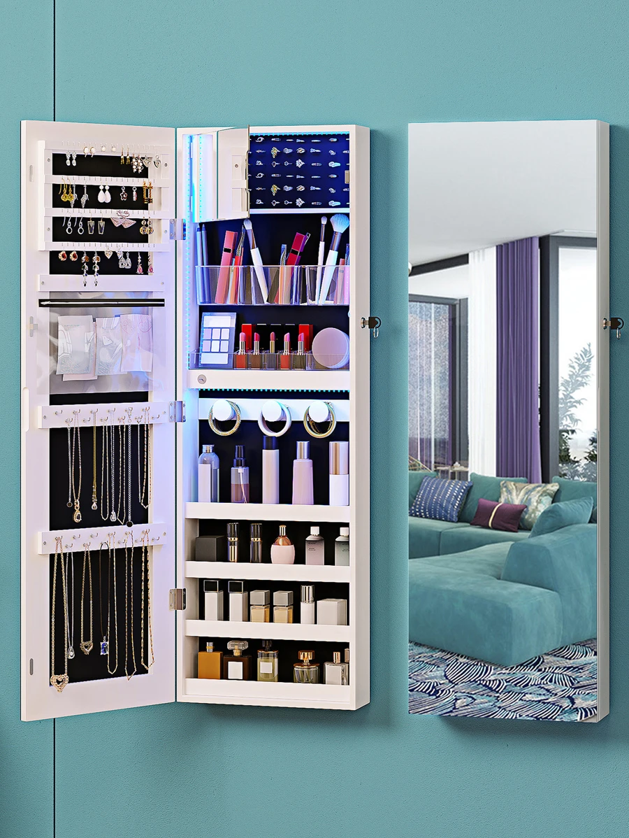 Jewelry 4 Tier Storage, Kasibie Mirror with Jewelry Storage 3 LEDs Light Bar Mirror