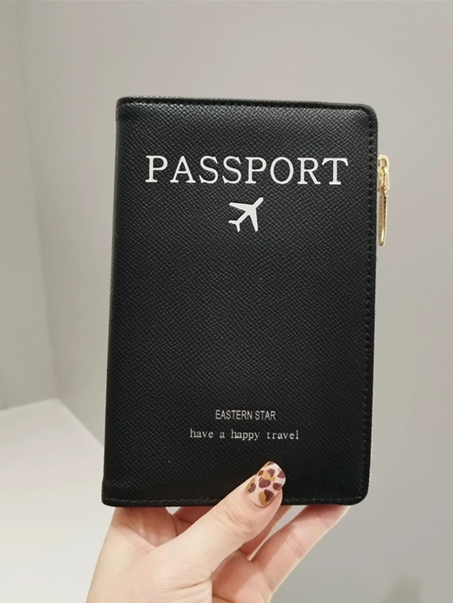 Funda del pasaporte multifuncional PU con con estampado de letra - Negro - Ver 1