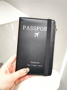 Funda del pasaporte multifuncional PU con con estampado de letra - Negro - Ver 2