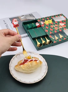 Creative Cartoon Stainless Steel Christmas Doll Shaped Spoon & Fork Set For Family Use Or Leisure Bar, Multipurpose Santa Claus Round & Small Tree Mixing Spoon & Fork With Color Box 1pc
