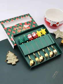 Creative Cartoon Stainless Steel Christmas Doll Shaped Spoon & Fork Set For Family Use Or Leisure Bar, Multipurpose Santa Claus Round & Small Tree Mixing Spoon & Fork With Color Box 1pc