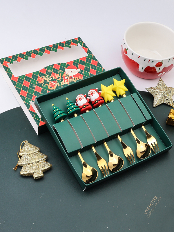 Creative Cartoon Stainless Steel Christmas Doll Shaped Spoon & Fork Set For Family Use Or Leisure Bar, Multipurpose Santa Claus Round & Small Tree Mixing Spoon & Fork With Color Box 1pc