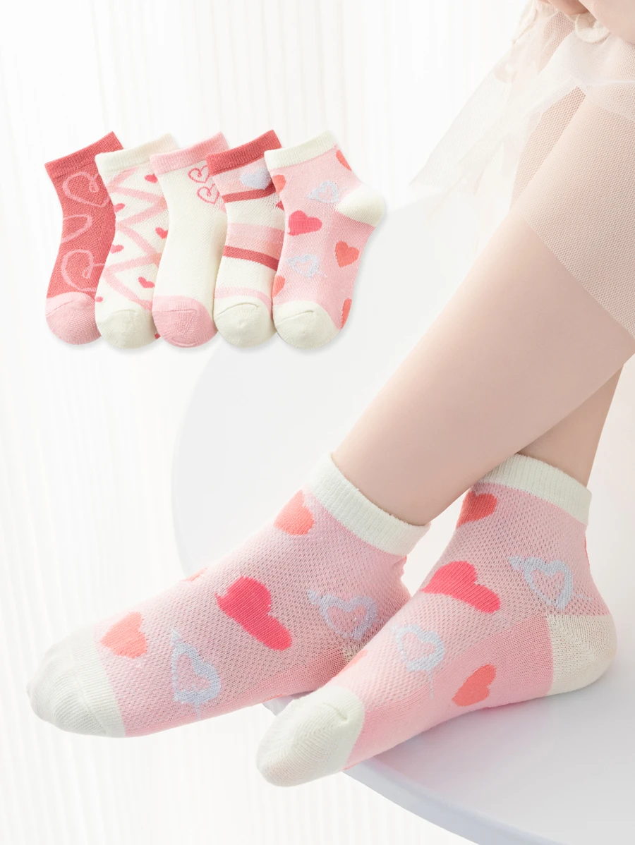 5pairs Girls Heart Pattern Ankle Socks For Summer - Multicolor - View 1