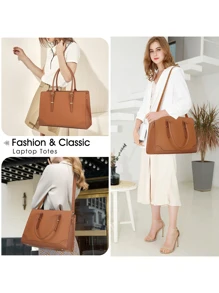 Laptop Bag For Women 15.6 Inch Laptop Tote Bag Large Capacity Work Bag Waterproof Leather Office Briefcase Lightweight Business Computer Tote Bag Fashion Shoulder Bag Handbag - 棕色 - 查看 2