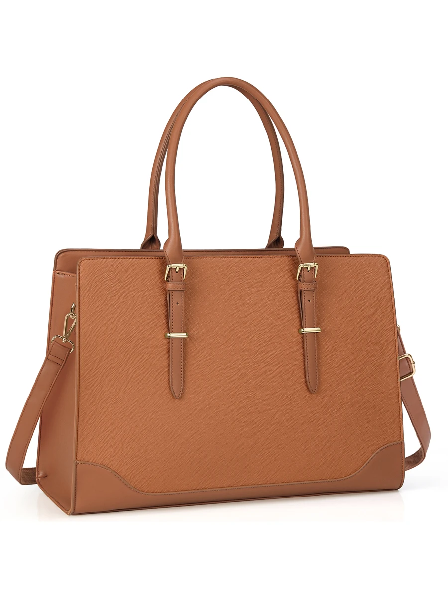 Laptop Bag For Women 15.6 Inch Laptop Tote Bag Large Capacity Work Bag Waterproof Leather Office Briefcase Lightweight Business Computer Tote Bag Fashion Shoulder Bag Handbag - 棕色 - 查看 1