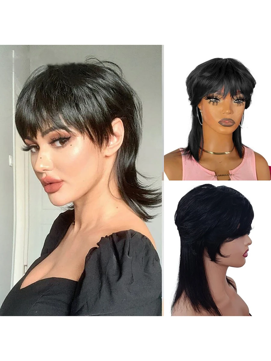 Short Wigs For Women Synthetic Hair Pixie Cut Wig With Bangs Full - Black - View 1