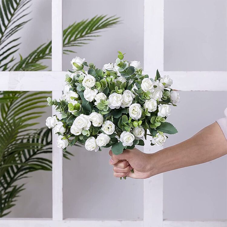 1/2/3/4/5/6pcs10Heads Artificial Flower Silk Rose White Eucalyptus Leaves Peony Bouquet Fake Flower For Wedding Table Party Vase Home Decor - White - View 7