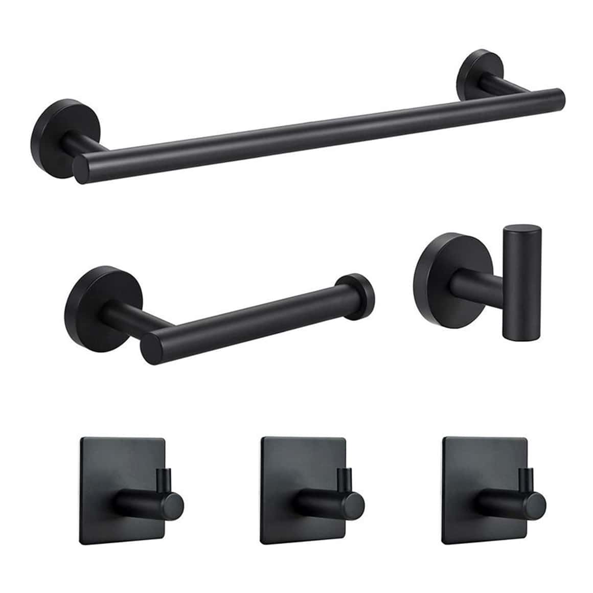 6件套免打孔不锈钢浴室配件套装，包括毛巾杆、卫生纸架、壁挂式挂钩、衣帽钩、衣帽钩，适用于浴室五金套装浴室收纳用品浴室装饰夏季返校季 - 黑色 - 查看 1