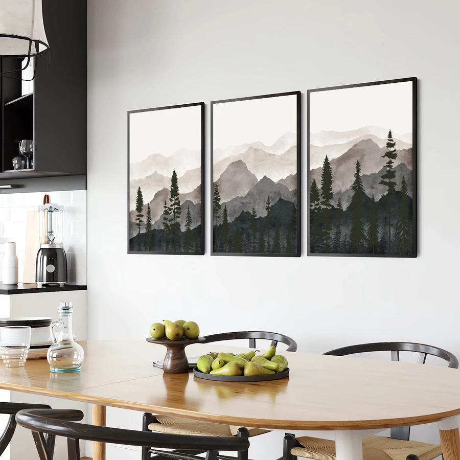 件抽象森林山自然景觀牆藝術海報北歐風景畫帆布印刷現代裝飾畫客廳臥室辦公室裝飾，無框 - 杏色 - 查看 1