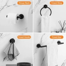 6件套免打孔不锈钢浴室配件套装，包括毛巾杆、卫生纸架、壁挂式挂钩、衣帽钩、衣帽钩，适用于浴室五金套装浴室收纳用品浴室装饰夏季返校季 - 黑色 - 查看 3