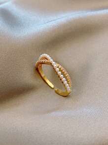 1pc Personality Crossed Cubic Zirconia & Faux Pearl Ring Suitable For Daily Wear By Women