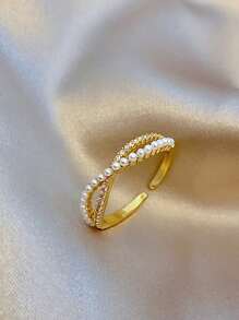 1pc Personality Crossed Cubic Zirconia & Faux Pearl Ring Suitable For Daily Wear By Women