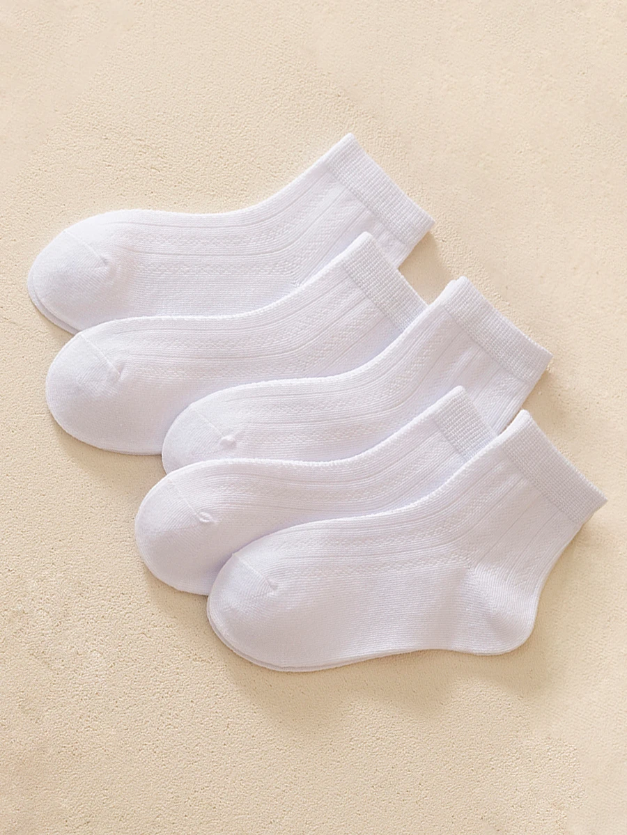 5雙女孩素色透氣短襪適用於日常生活 - 白色 - 查看 1