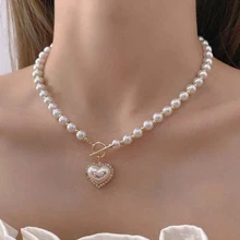 Faux Pearl Decor Heart Charm Vòng cổ khóa OT - trắng - Xem 1
