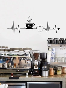 1 件咖啡杯和心形图案墙贴，PVC 自粘墙贴艺术贴花，用于家居装饰，贴纸，墙贴，乙烯基贴花，用于家居装饰，春季装饰品让您的家焕然一新，节日装饰贴纸礼物生日毕业