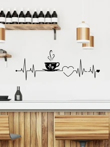 1 件咖啡杯和心形图案墙贴，PVC 自粘墙贴艺术贴花，用于家居装饰，贴纸，墙贴，乙烯基贴花，用于家居装饰，春季装饰品让您的家焕然一新，节日装饰贴纸礼物生日毕业