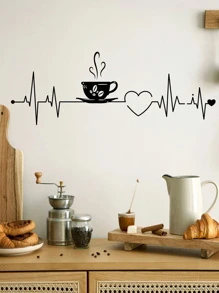 1 件咖啡杯和心形图案墙贴，PVC 自粘墙贴艺术贴花，用于家居装饰，贴纸，墙贴，乙烯基贴花，用于家居装饰，春季装饰品让您的家焕然一新，节日装饰贴纸礼物生日毕业