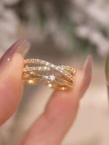 1pc Luxury Minimalist Design Cross Ring With Micro-Inlaid Zirconia Stones, Versatile Fashionable Accessory