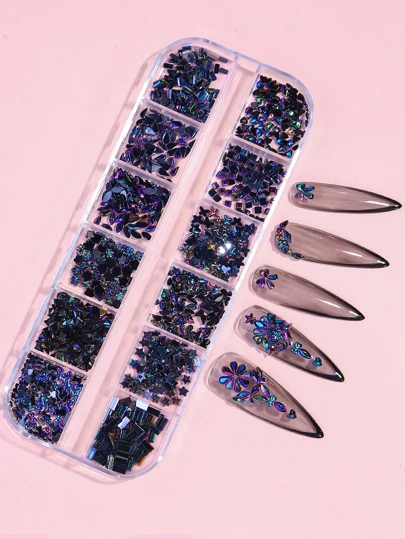 12 Grids Flat Bottom Glass Rhinestones Set, Including Round And Asymmetric Shaped Crystals, For Diy Nail Art And Decorations Nail Charms Nail Gems Nail Supplies Nails