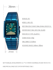 1入組女士藍色不銹鋼帶魅力四射水鑽裝飾方形錶盤石英表,適用於日常生活 - 藍色 - 查看 2