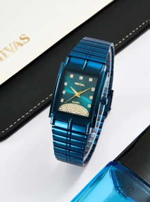 1入組女士藍色不銹鋼帶魅力四射水鑽裝飾方形錶盤石英表,適用於日常生活 - 藍色 - 查看 1