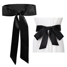 Women Satin Sash Belts, Bridal Wedding Satin Sash Belt, Bow Knot Decorated Waist Belt, Long Sash Dress Belt for Women, Wedding Bridesmaid Sash Dress Belt, Vintage Waist Band for Dress, Black - Black - View 1