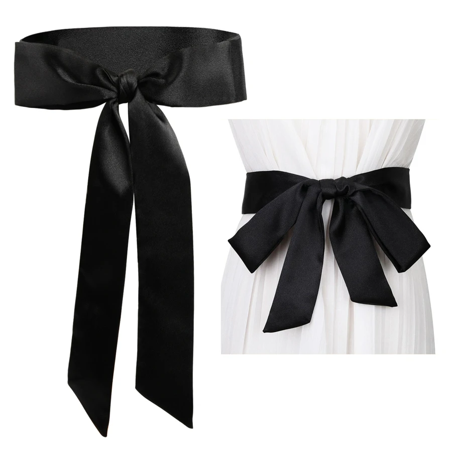 Women Satin Sash Belts, Bridal Wedding Satin Sash Belt, Bow Knot Decorated Waist Belt, Long Sash Dress Belt for Women, Wedding Bridesmaid Sash Dress Belt, Vintage Waist Band for Dress, Black - Black - View 1
