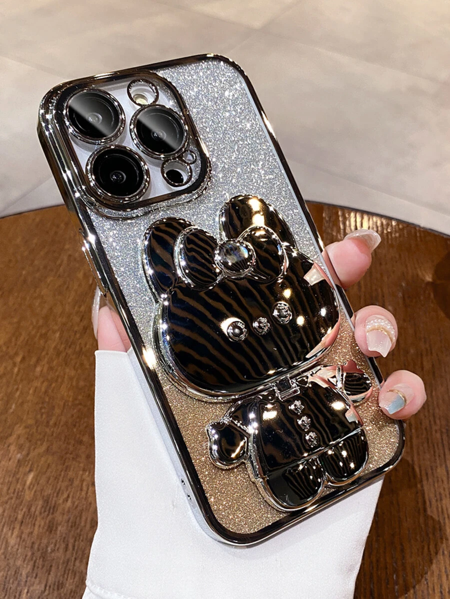 Silver Y2k Rabbit Decor Glitter Phone Case Kawaii - Silver - View 1