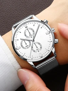 Đồng hồ đeo tay thạch anh hình tròn bằng thép không gỉ dành cho nam màu bạc dành cho cuộc sống hàng ngày - Bạc - Xem 3