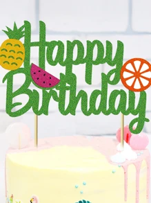 1入組菠蘿橙西瓜生日快樂紙質蛋糕插旗，夏季水果主題兒童生日派對蛋糕裝飾 - 彩色 - 查看 3