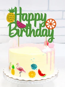 1入組菠蘿橙西瓜生日快樂紙質蛋糕插旗，夏季水果主題兒童生日派對蛋糕裝飾 - 彩色 - 查看 4