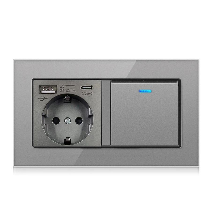 1 pieza vidrio templado eléctrico enchufe , moderno USB Type-C eléctrico salida para casa - Gris - Ver 1