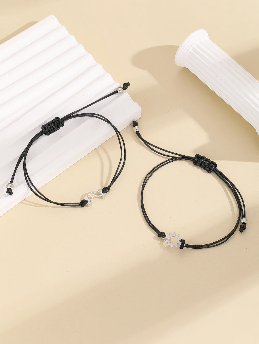 Một Vòng đeo tay cặp đôi Với Hợp kim mặt trời & Mặt dây chuyền mặt trăng , Thủ công Bện Sáp Cord Vòng tay , Ngày lễ tình nhân Qủa tặng - màu đen - Xem 1