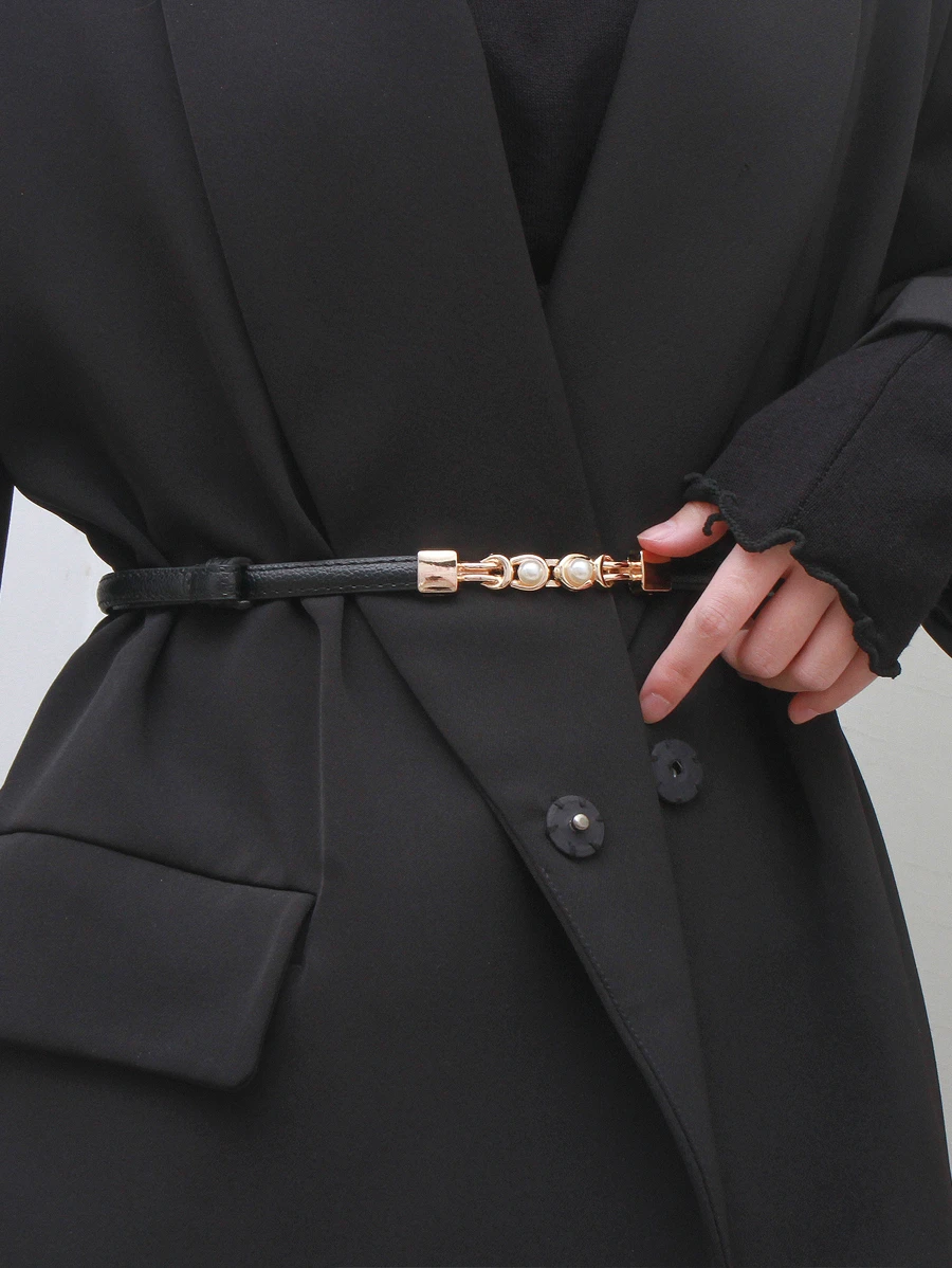 Thắt lưng trang trí ngọc trai giả da PU - màu đen - Xem 1