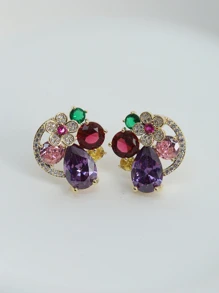 Sterling Silver Cubic Zirconia Decor Stud Earrings - Gold - View 1