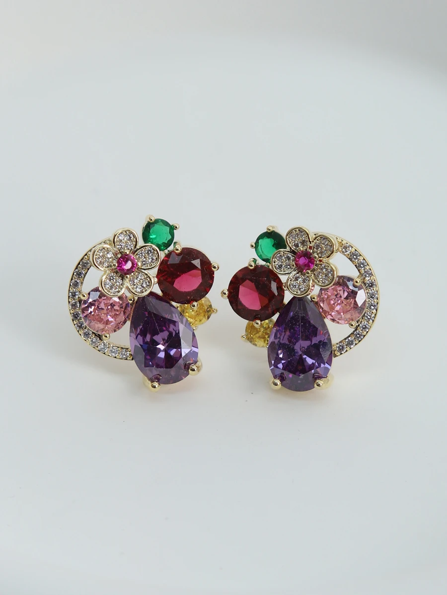 Sterling Silver Cubic Zirconia Decor Stud Earrings - Gold - View 1