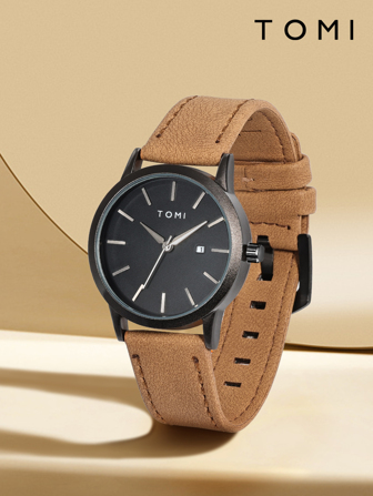  1pc TOMI Vintage Studs Dial Calendar Leather Strap Watch, Simple & Compact Design For Young Students