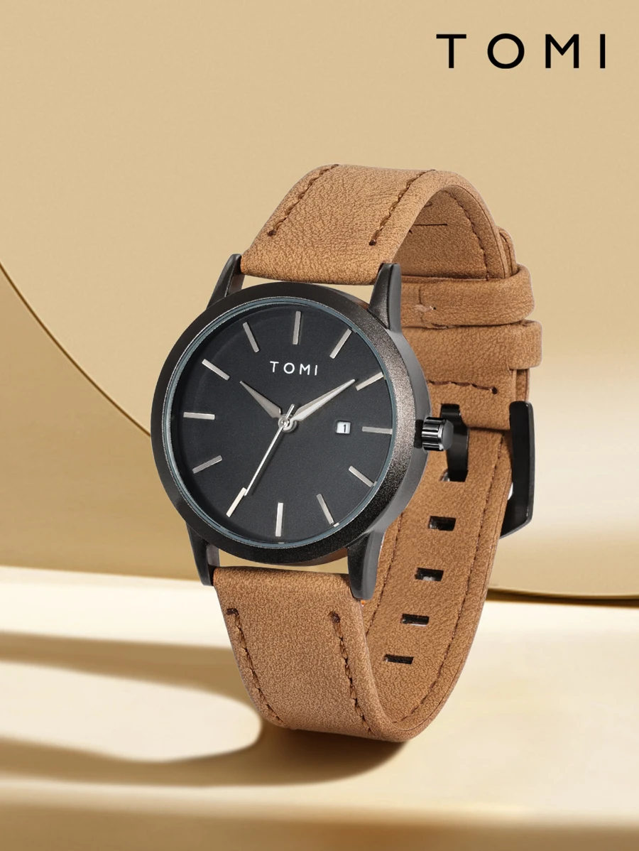 1 件 TOMI 复古铆钉表盘日历皮革表带手表，简约紧凑的设计，适合年轻学生