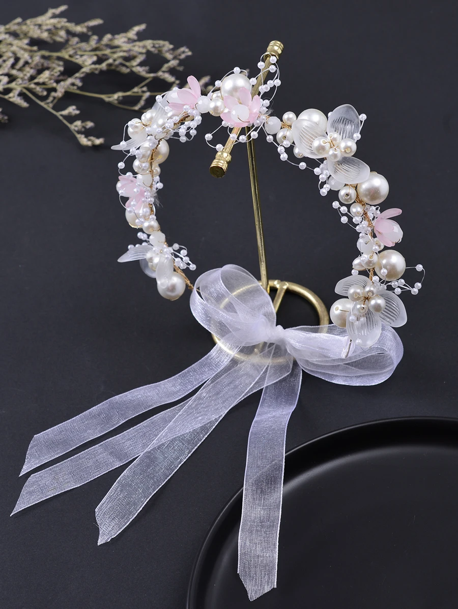 1條女孩的珍珠花冠,適用於節日、婚禮、花童,白色花卉手帶裝飾手鍊 - 粉色 - 查看 1