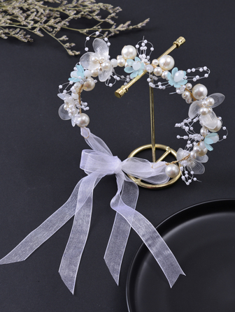 1pc Girl's Pearl & Flower Headband For Holiday, Wedding, Flower Girls, White Floral Crown With Wrist Decoration Bracelet