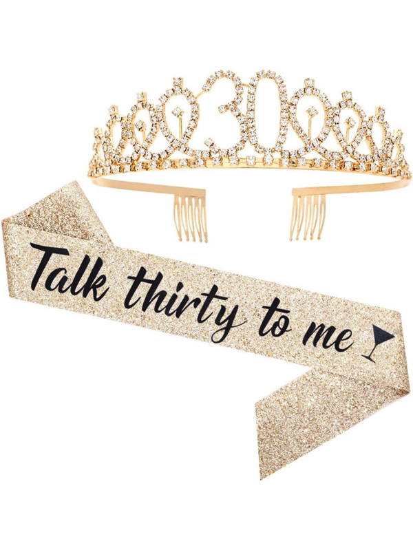 "Talk Thirty To Me" Sash & Rhinestone Tiara Set - 30th Birthday Gifts Birthday Sash For Women Birthday Party Supplies