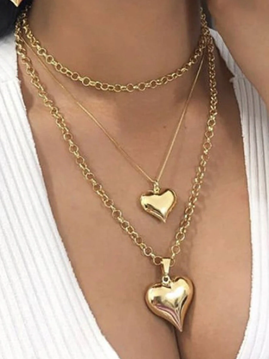 Heart Charm Layered Necklace - Yellow Gold - View 1