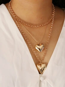 Heart Charm Layered Necklace - Yellow Gold - View 2